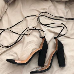 Clear strap tie up heels with